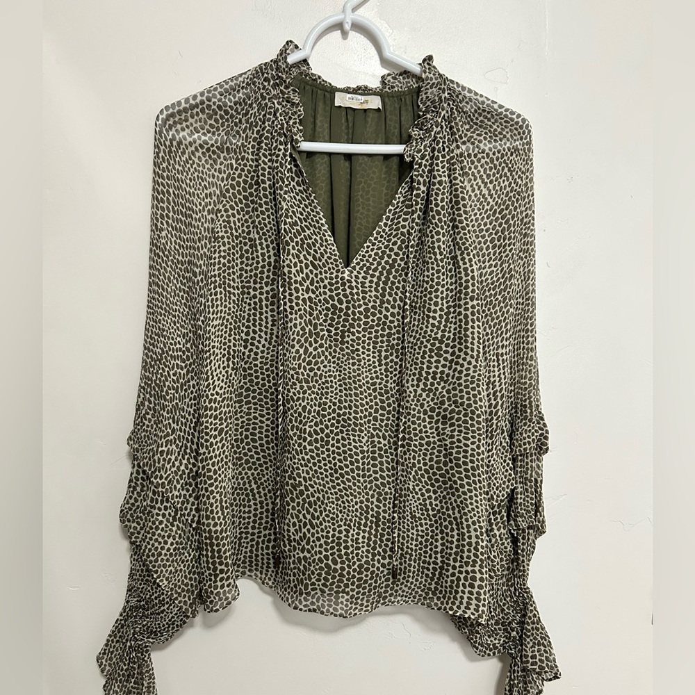 Ramy Brook silk printed split-neck top green‎